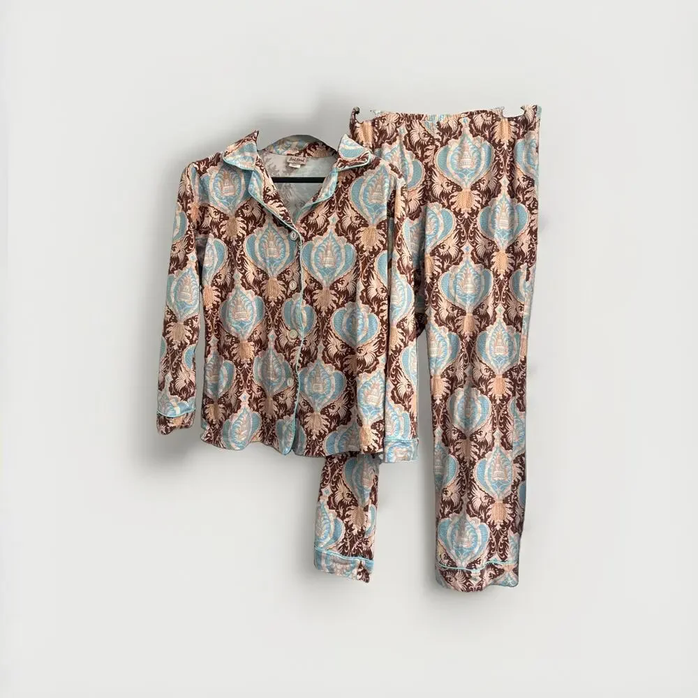BedHead Damask Look Baroque Brown And Teal Pajama Set In Size‎ M Button Front